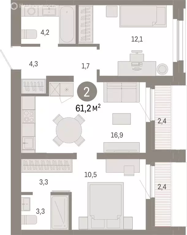 2-комнатная квартира: Тюмень, Мысовская улица, 26к2 (61.15 м) - Фото 1