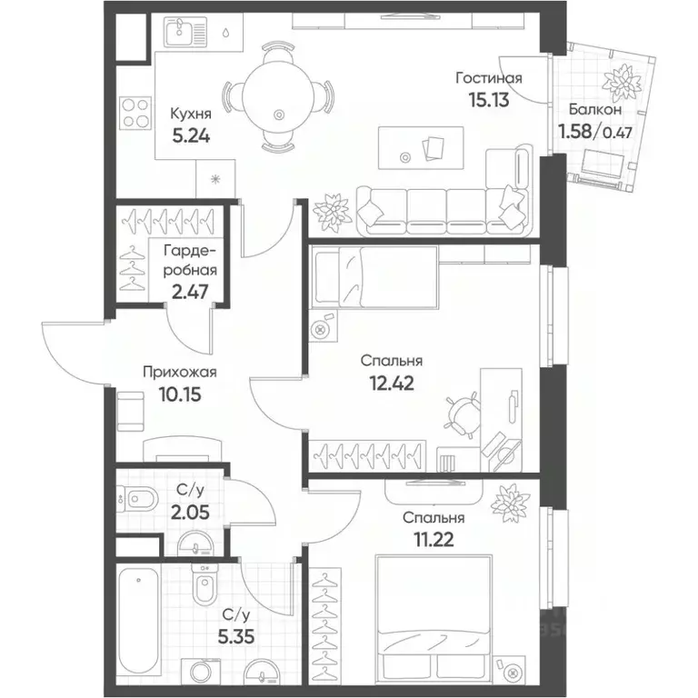 3-к кв. Татарстан, Казань Счастье в Казани жилой комплекс (64.5 м) - Фото 1