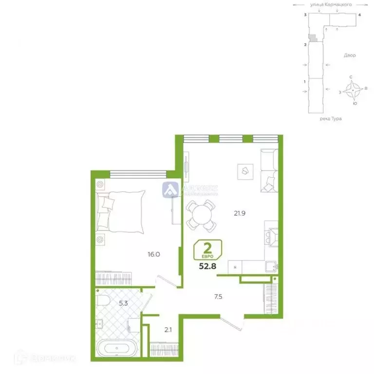 2-к кв. Тюменская область, Тюмень ул. Евгения Войнова, 3 (52.8 м) - Фото 1