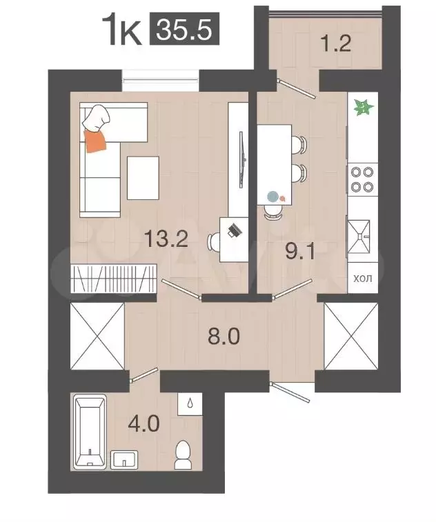 1-к. квартира, 35,5 м, 2/4 эт. - Фото 1