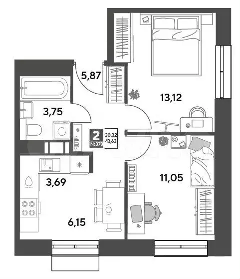 2-к. квартира, 43,6 м, 2/15 эт. - Фото 0