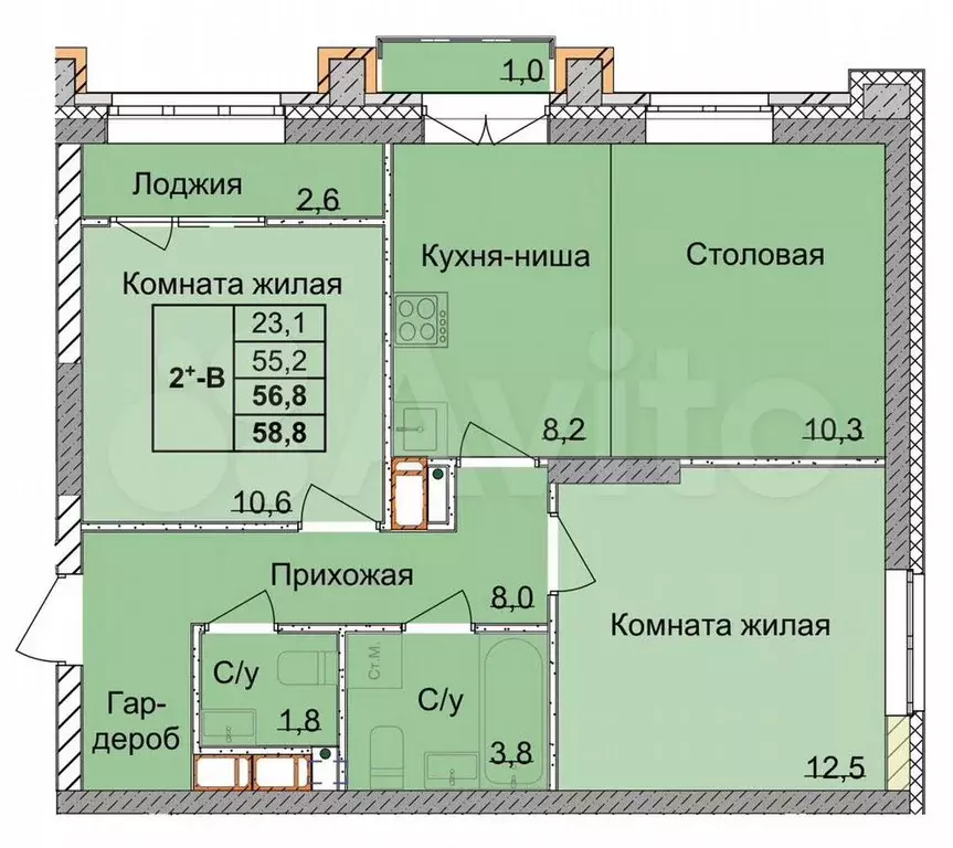 2-к. квартира, 56,8м, 3/18эт. - Фото 0