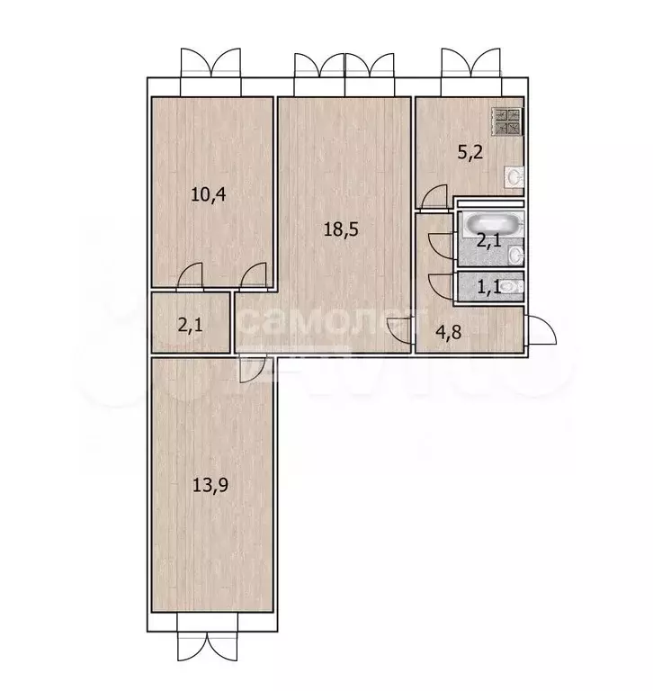 3-к. квартира, 58,1 м, 1/5 эт. - Фото 0