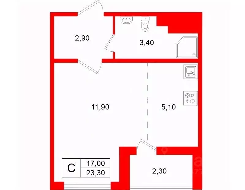 Студия Санкт-Петербург дор. Муринская, 8к1 (23.3 м) - Фото 1