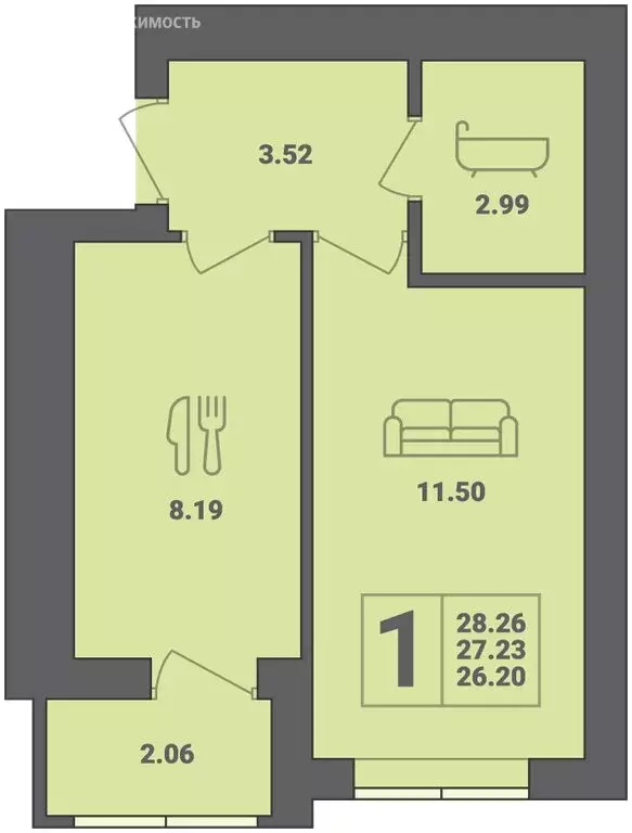 1-комнатная квартира: Пионерский, улица Гептнера, 19 (28.26 м) - Фото 0