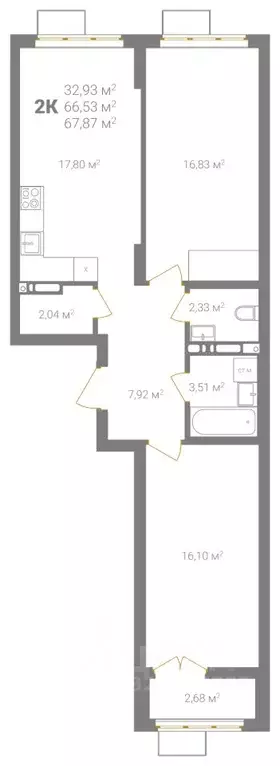 2-к кв. Нижегородская область, Нижний Новгород Ветеринарная ул. (67.87 ... - Фото 2