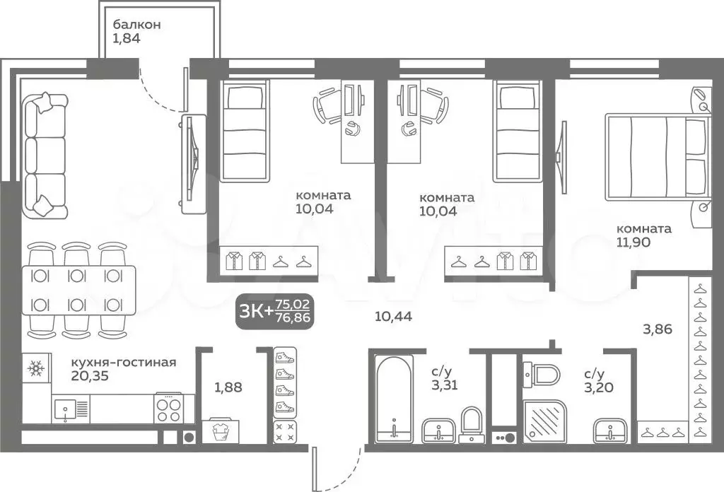 3-к. квартира, 75 м, 5/20 эт. - Фото 0