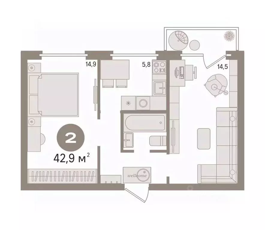 2-к кв. Ханты-Мансийский АО, Сургут Набережный просп., 48 (42.9 м) - Фото 2