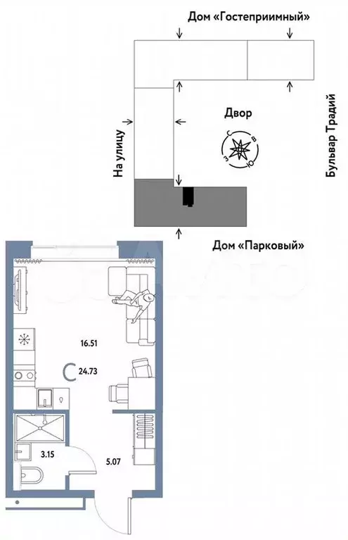 Квартира-студия, 24,7м, 8/15эт. - Фото 0