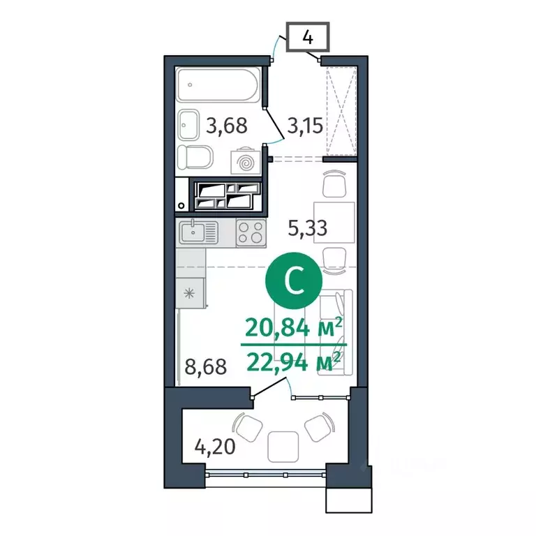 Студия Тюменская область, Тюмень ул. Тимофея Кармацкого, 17 (20.84 м) - Фото 0