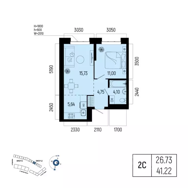 2-к кв. Башкортостан, Уфа Глумилино-1 мкр, Новатор жилой комплекс ... - Фото 0
