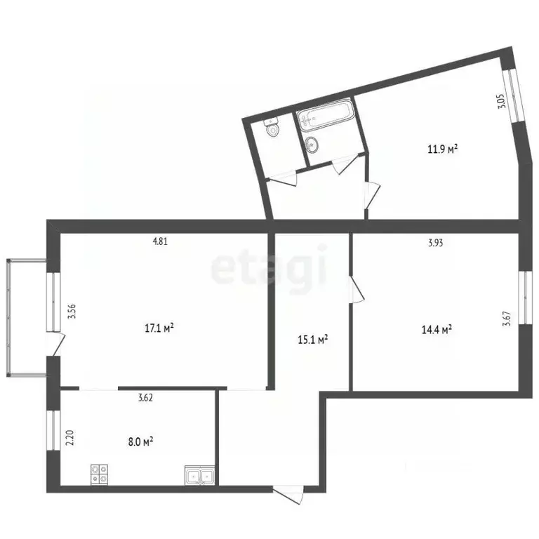 3-к кв. Вологодская область, Вологда ул. Гагарина, 73 (70.5 м) - Фото 2