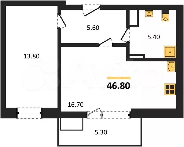 1-к. квартира, 46,8 м, 3/9 эт. - Фото 1