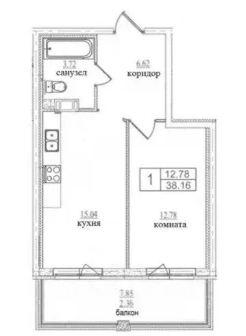 Квартира, 1 комната, 37.4 м - Фото 1