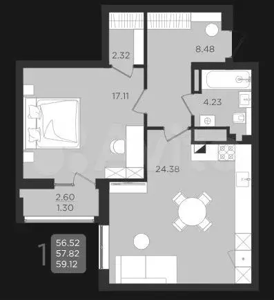 1-к. квартира, 59,1 м, 6/9 эт. - Фото 1