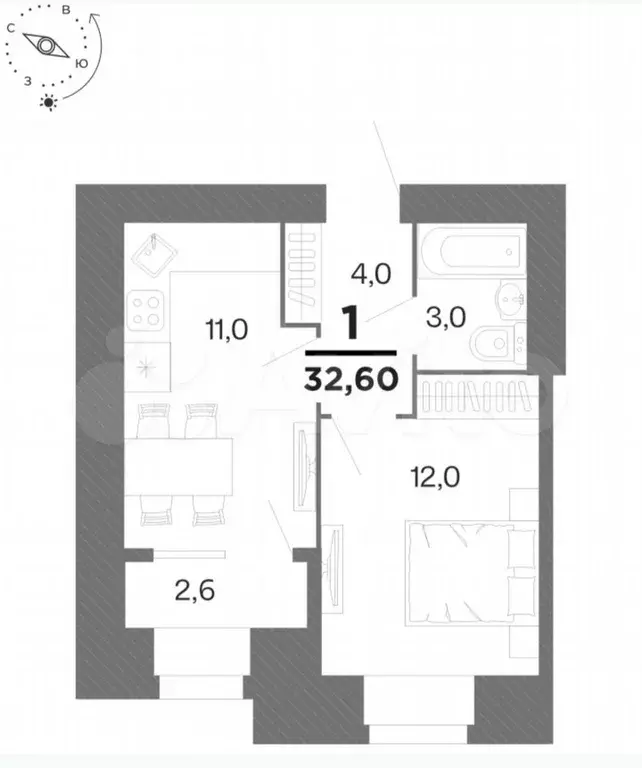 1-к. квартира, 32,6 м, 13/16 эт. - Фото 1