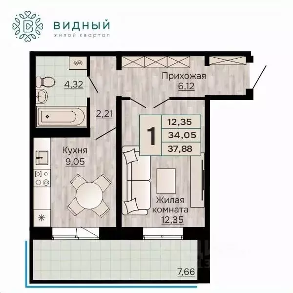 1-к кв. Пермский край, Пермь КамГЭС мкр, Видный жилой комплекс (37.88 ... - Фото 1