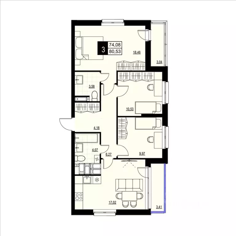 3-к кв. Самарская область, Самара АмГрад жилой комплекс (77.31 м) - Фото 1