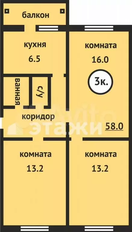 3-к. квартира, 62 м, 1/5 эт. - Фото 0