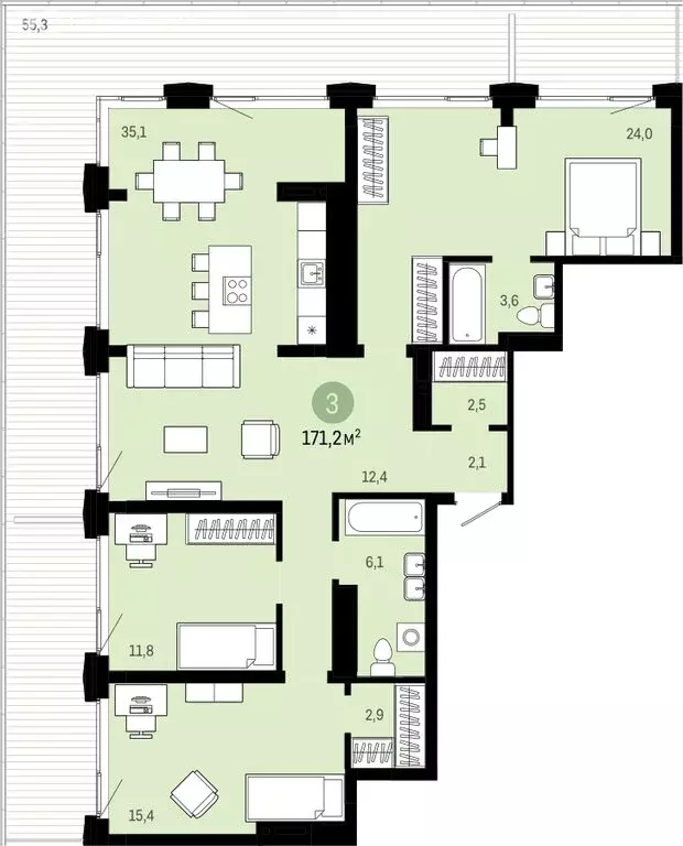 3-комнатная квартира: Новосибирск, улица Декабристов, 107/6 (171.16 м) - Фото 1