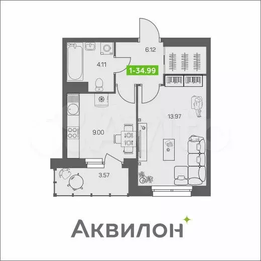 1-к. квартира, 35 м, 5/8 эт. - Фото 1