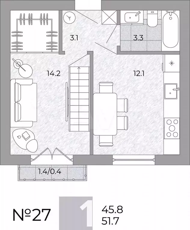 1-к. квартира, 51,7 м, 4/4 эт. - Фото 0