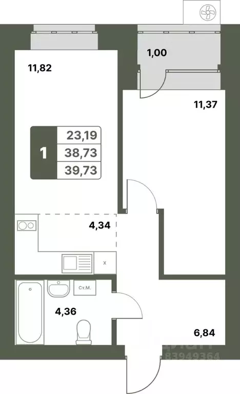 1-к кв. Башкортостан, Уфимский район, с. Миловка  (39.73 м) - Фото 1