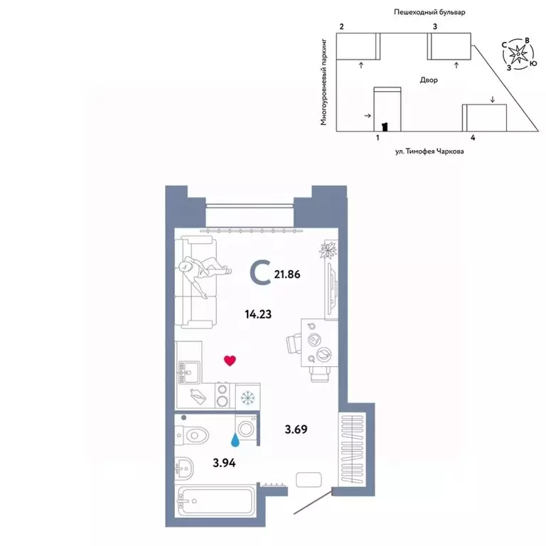 Студия Тюменская область, Тюмень ул. Тимофея Чаркова, 93 (21.86 м) - Фото 0