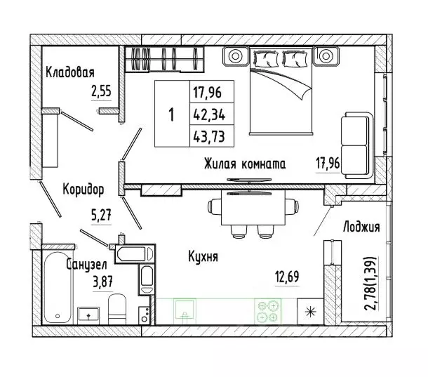 1-к кв. Воронежская область, Воронеж Нижняя ул., 32 (43.73 м) - Фото 1