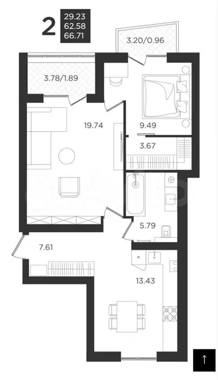 2-к. квартира, 62,6м, 2/4эт. - Фото 1