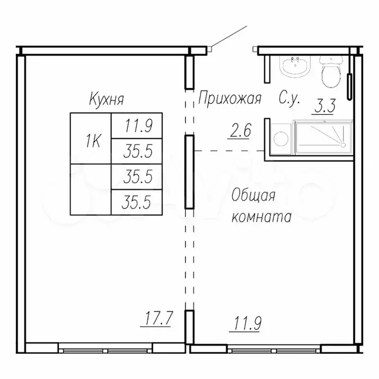 Своб. планировка, 35,5 м, 2/17 эт. - Фото 0