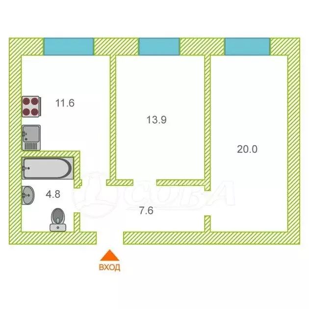 2-комнатная квартира: Тюмень, улица Республики, 204к11 (56 м) - Фото 0