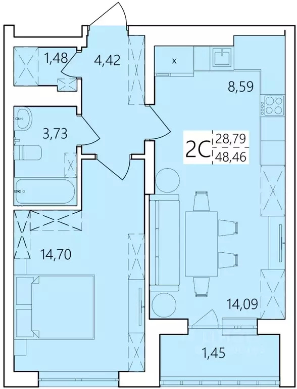 2-к кв. Башкортостан, Уфа Затон жилрайон, Волна жилой комплекс (48.46 ... - Фото 1
