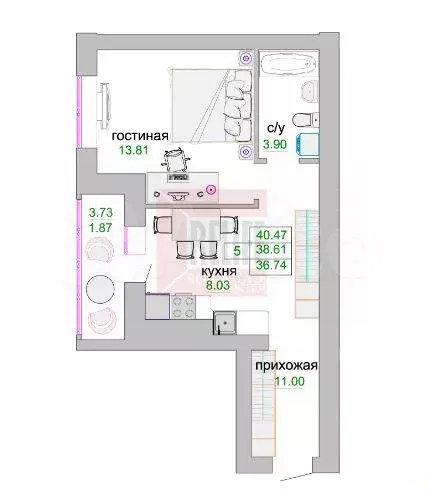 1-к. квартира, 39,1 м, 1/9 эт. - Фото 0