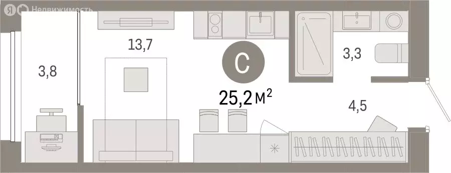 Квартира-студия: Тюмень, жилой комплекс Республики 205 (25.18 м) - Фото 1