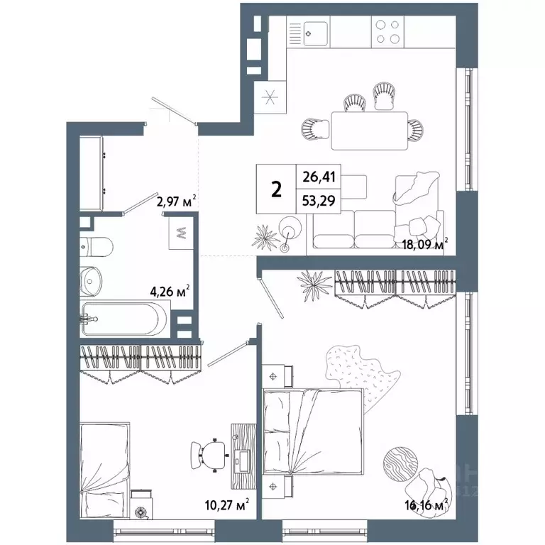 2-к кв. Башкортостан, Уфа 42-й кв-л,  (53.33 м) - Фото 1