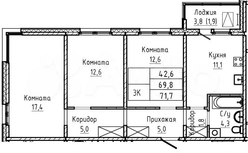 3-к. квартира, 71,7 м, 16/17 эт. - Фото 1