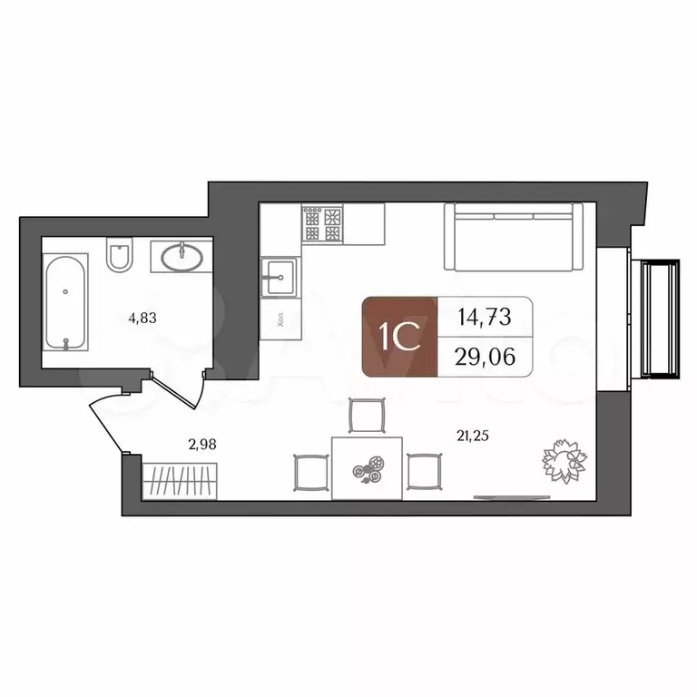 Квартира-студия, 29 м, 2/21 эт. - Фото 1