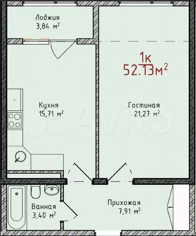 1-к. квартира, 52,1 м, 4/8 эт. - Фото 1