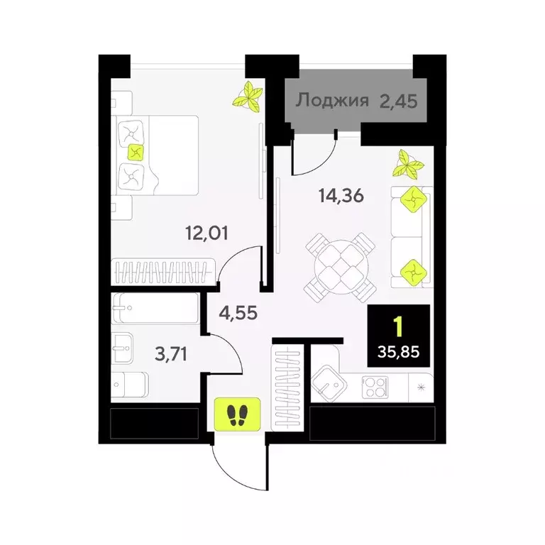 1-к кв. Тюменская область, Тюмень ул. Андрея Приказнова, 7 (35.85 м) - Фото 1