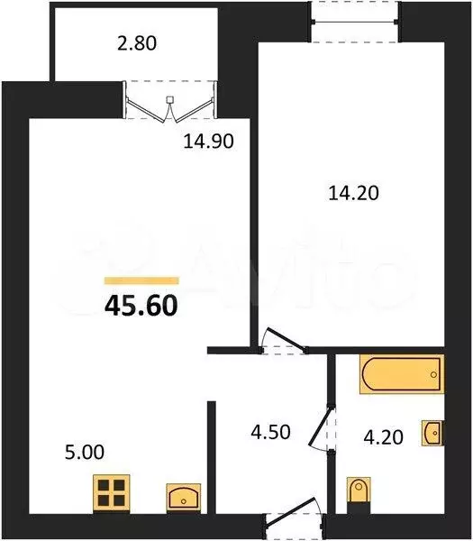 1-к. квартира, 45,6 м, 6/8 эт. - Фото 0