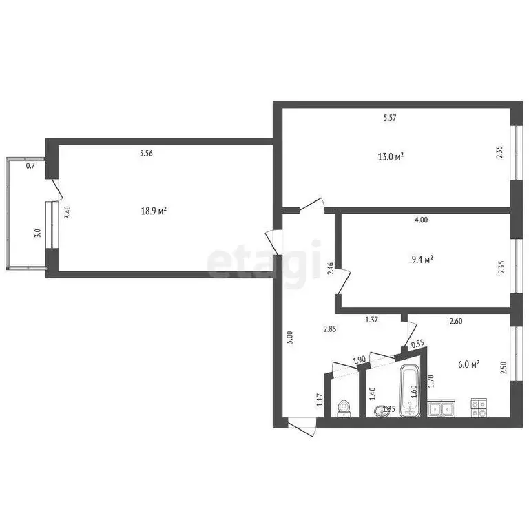 3-комнатная квартира: Шебекино, улица Свободы, 48 (58.2 м) - Фото 1