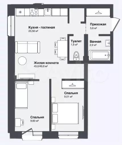 3-к. квартира, 49,6 м, 2/3 эт. - Фото 1