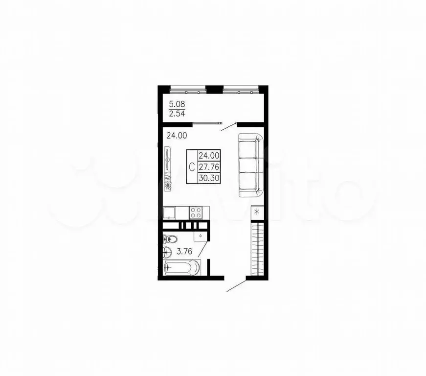 Квартира-студия, 30,3 м, 4/6 эт. - Фото 1