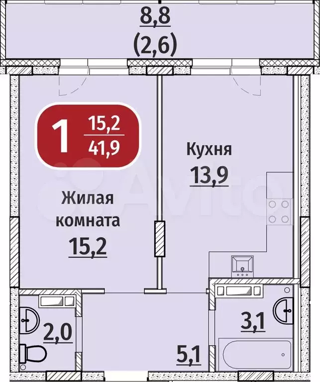 1-к. квартира, 41,9 м, 7/9 эт. - Фото 0