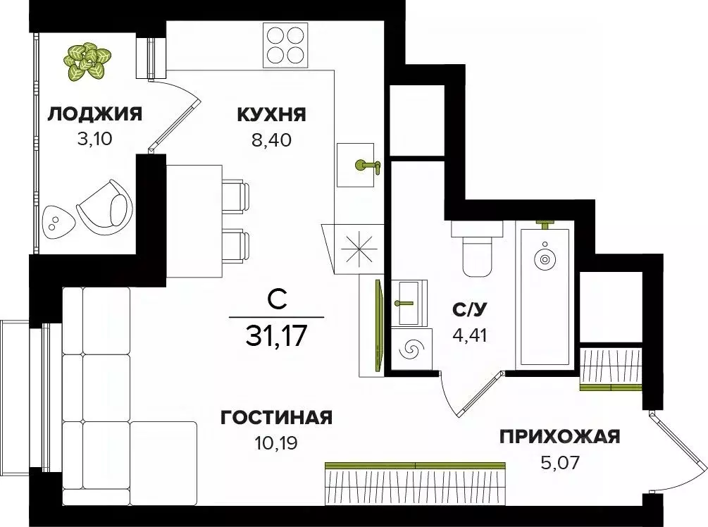 Студия Тульская область, Тула ул. Академика Насоновой (31.17 м) - Фото 1