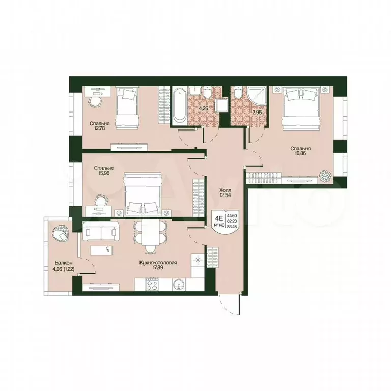3-к. квартира, 83,5 м, 3/4 эт. - Фото 0