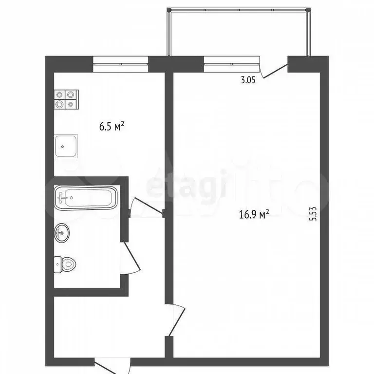 1-к. квартира, 30,7 м, 3/5 эт. - Фото 0
