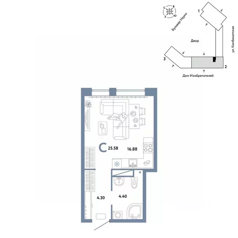 Студия Тюменская область, Тюмень Комбинатская ул., 16к1 (25.58 м) - Фото 0