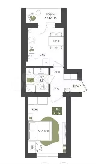 1-к. квартира, 31,5 м, 1/5 эт. - Фото 1